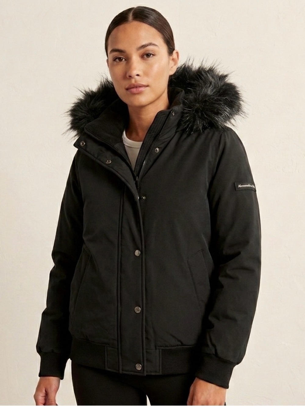 A&F Ultra Black Puffer Hooded Jacket Fur Trim Women Size S Y2K Full Zip